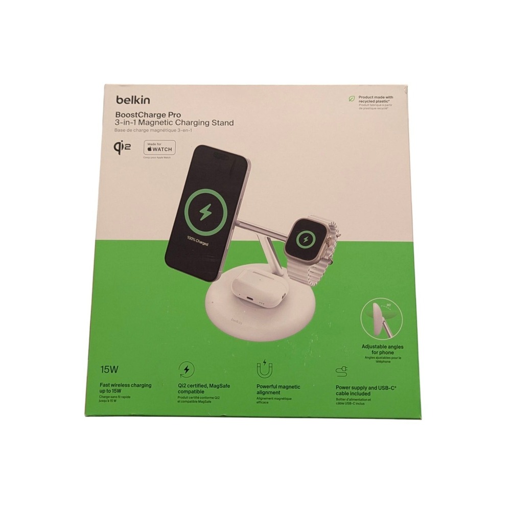 Bb.Ue Belkin Boost Charge Pro 3-in-1 Qi2 Magsafe Charging Stand WIZ023 - White